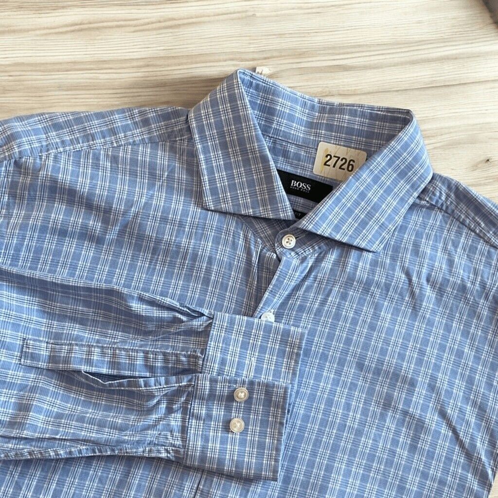 Hugo Boss Slim Fit Men's Blue Checked Button Front Shirt Size 16 32/33